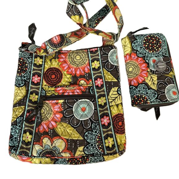 Vera Bradley Flower Shower Crossbody Purse Matching Turn Lock Wallet Brown Teal - Picture 1 of 11